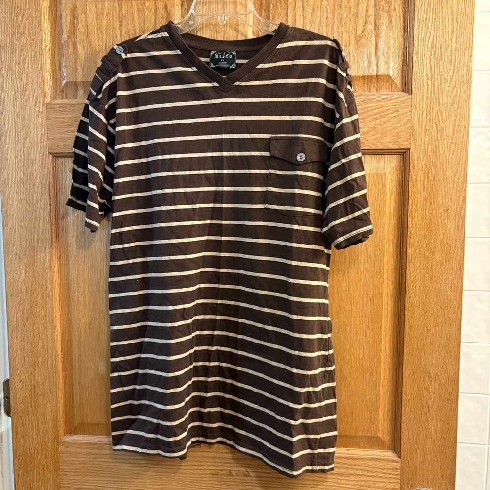 Vintage Y2K SPIRIT RUSSO V-Neck Short Sleeve Shirt Brown Striped Pocket Men’s XL